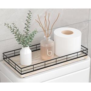 Toilet Paper Basket Organizer – Ash Wood Toilet Tank Tray with Metal Frame, Back of Tank or Top Bathroom Counter Storage – Black & Whitewashed Modern Decor