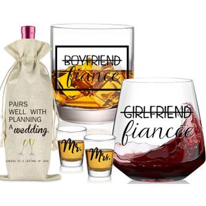 Engagement Gifts for Newly Couples - Fiance Fiancee Gifts, Boyfriend & Girlfriend Wine and Whiskey Glass Set, Wedding Gift for bride and groom, Future Mr and Mrs Just Engaged Gift