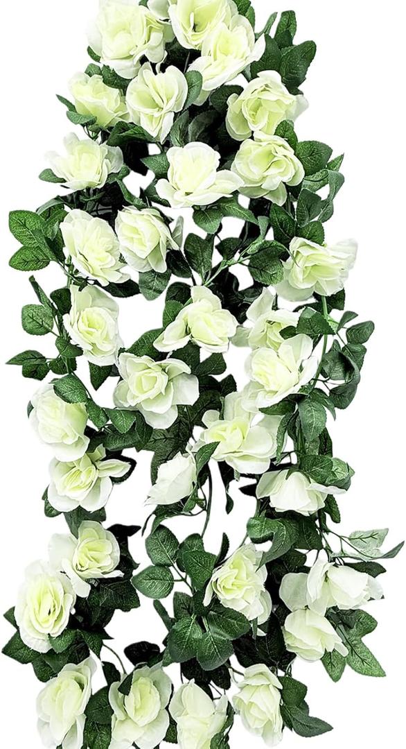 2pcs Artificial Rose Vine Fake Flower Garland Outdoor White Fake Silk Flowers Hanging Rose Ivy Vines for Party Wedding Arch Decor Flower Garden Centerpiece