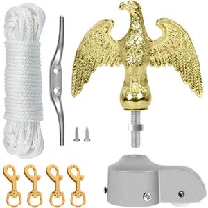 NQ Flagpole Hardware Repair Parts Kit,50FT Halyard Rope+7" Eagle Topper+6" Zinc Alloy Cleat+4 PCS Metal Swivel Snap Clips+Aluminum Alloy Flagpole Truck with Pulley for 1.6"-2" Flag Poles(Gold)