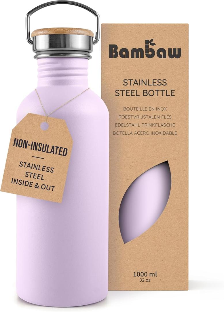 Bambaw Stainless Steel Water Bottle, Purple Water Bottle, 1 Litre Non-Insulated Stainless Steel Bottle, 1 Litre Sports Bottle, BPA-Free Bottle, Reusable Bottle Light Lilac (32 Oz, Lavender Haze)
