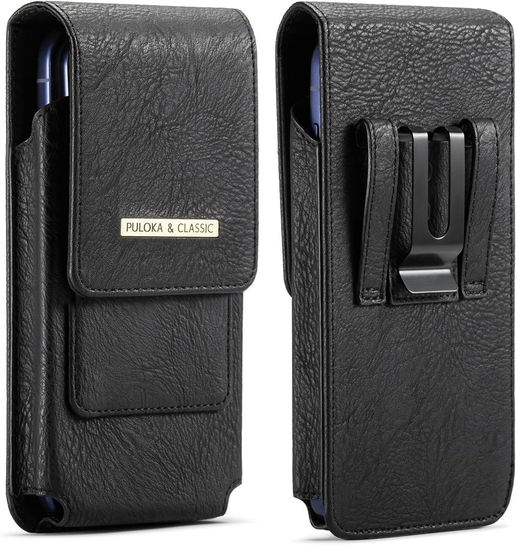 Phone Holster with Belt Clip for iPhone 17/16/15/14/13/12 Pro Max & Plus, Galaxy S25/S24/S23/S22 Ultra & Plus, Premium Leather Pouch with Card Holder, Magnetic Closure, Rugged Outdoor Case - L Black