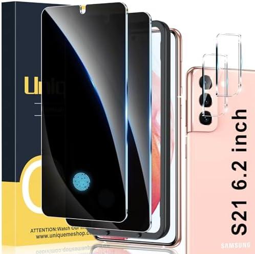 UniqueMe [2+2 Pack] Compatible with Samsung S21 Privacy Screen Protector Tempered Glass and Camera Lens Protector, Anti Spy [Easy Installation Frame] Bubble Free (Black)