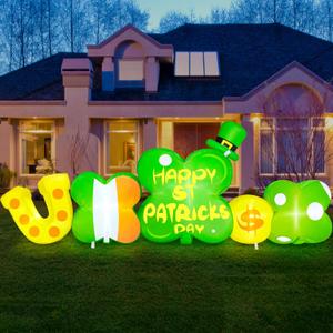 MICOCAH 8FT Long St Patricks Day Inflatables Outdoor Decorations Built-in LED Lights Inflatable Shamrocks Clover & Gold Coins & Horseshoe Combo Blow up Yard Decoration for Garden Lawn Party Holiday