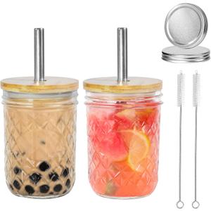 Reusable Tea Cups, 2Pcs 16oz Glass Mason Cup with Bamboo Lids, Wide Mouth Mason Jars for Iced Coffee, Smoothies, Tea, Juice, Milkshake