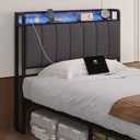 Twin Size Upholstered Headboard with LED Lights & Charging Station, USB & Type C Port, Linen Upholstery, Twin Headboard Only, Height Adjustable Attach Frame Sturdy and Stable Easy Assembly