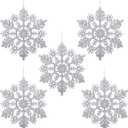 30 Pack Silver Glitter Snowflake Ornaments, Plastic Christmas Tree Decorations for Winter Wonderland, Hanging Craft Snowflakes (4 Inch)