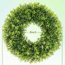 22 Inch Artificial Boxwood Wreaths for Front Door, Summer Door Wreath with Sash, Spring Green Wreath Weatherproof for Wall Window Porch Farmhouse Wedding Decor All Year Round Indoor Outdoor