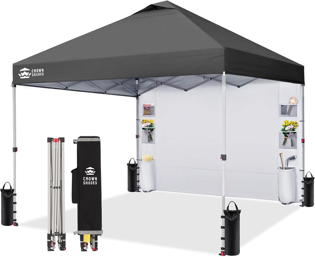 CROWN SHADES Canopy Tent 10x10 Pop Up Canopy with Side Pockets, Grid GrayPop Up Tent Shelter with One Person Set Up Center Lock, Portable Instant Camping Beach Canopy Tents