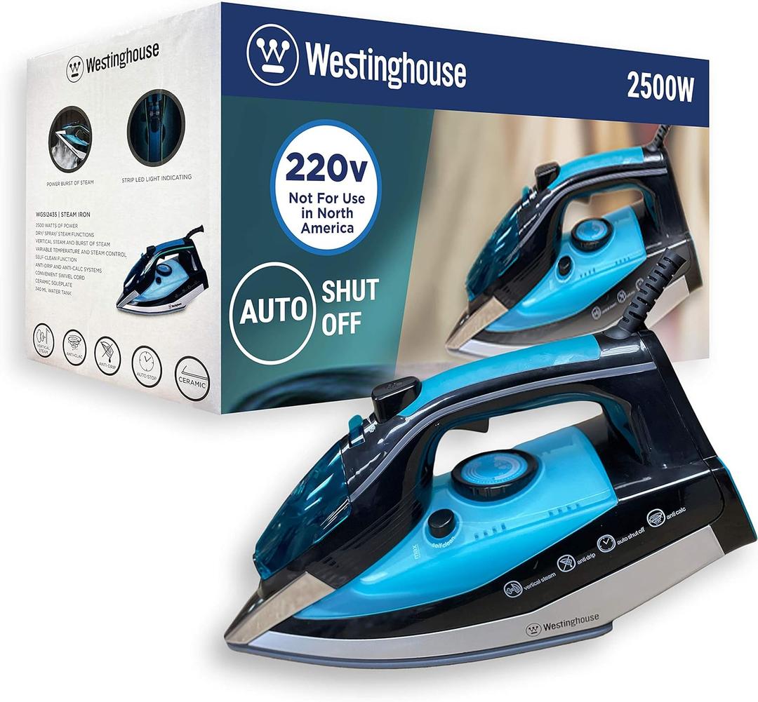 Westinghouse 220v Iron 2500 watts with Steam & Auto Shut Off 220  240 Volts 50/60 hz Bundle with Dynastar Plug Adapter (NOT for USA)