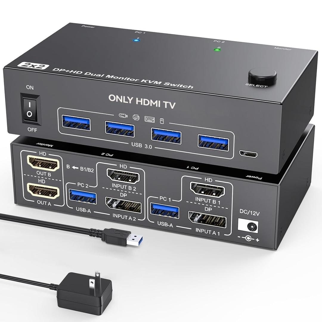 8K@60Hz KVM Switch 2 Monitors 2 Computers 4K@120Hz,HDMI+DP Dual Monitors KVM Switches for 2 PC Sharing 2 Monitors with 4 USB 3.0 Ports,with Wired Remote, USB Cables