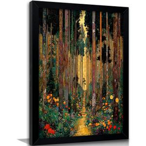 Framed Forest Wall Art Colorful Floral Trees Canvas Wall Decor Golden Autumn Landscape Painting Picture Abstract Nature Landscape Prints Artwork for Living Room Bedroom Home Decoration, 24"L x 16"W