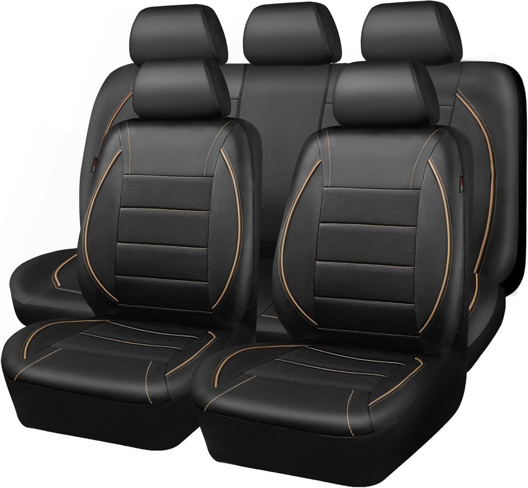 CAR PASS Universal FIT Piping Leather Car Seat Cover, for suvs,Van,Trucks,Airbag Compatible,Inside Zipper Design and Reserved Opening Holes (Full Set, Black and Beige)