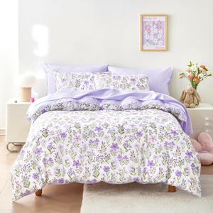 Wake In Cloud - Floral Bedding Set for Girls, Cute Colorful Botanical Flowers Patterned Soft Lightweight Comforter Set with Sheets, 5 Pieces Kids Bed in a Bag, Purple White, Twin Size