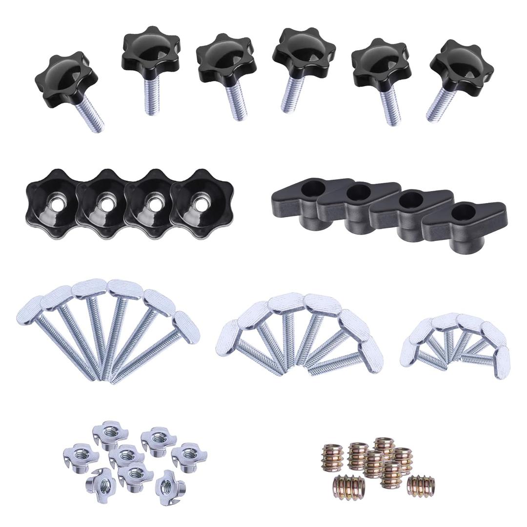 Xadnitu 48 Pieces 1/4"-20 T Track Bolts and Knobs Kit, T-Track Accessory Tool Set Including T Bolts and Threaded Knobs for Woodworking Jigs and Fixtures