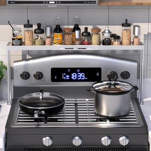 Stove Top Shelf - Adjustable Oven Shelf for Top of Stove for 27-33inch, Kitchen Spice Organizer, Silver