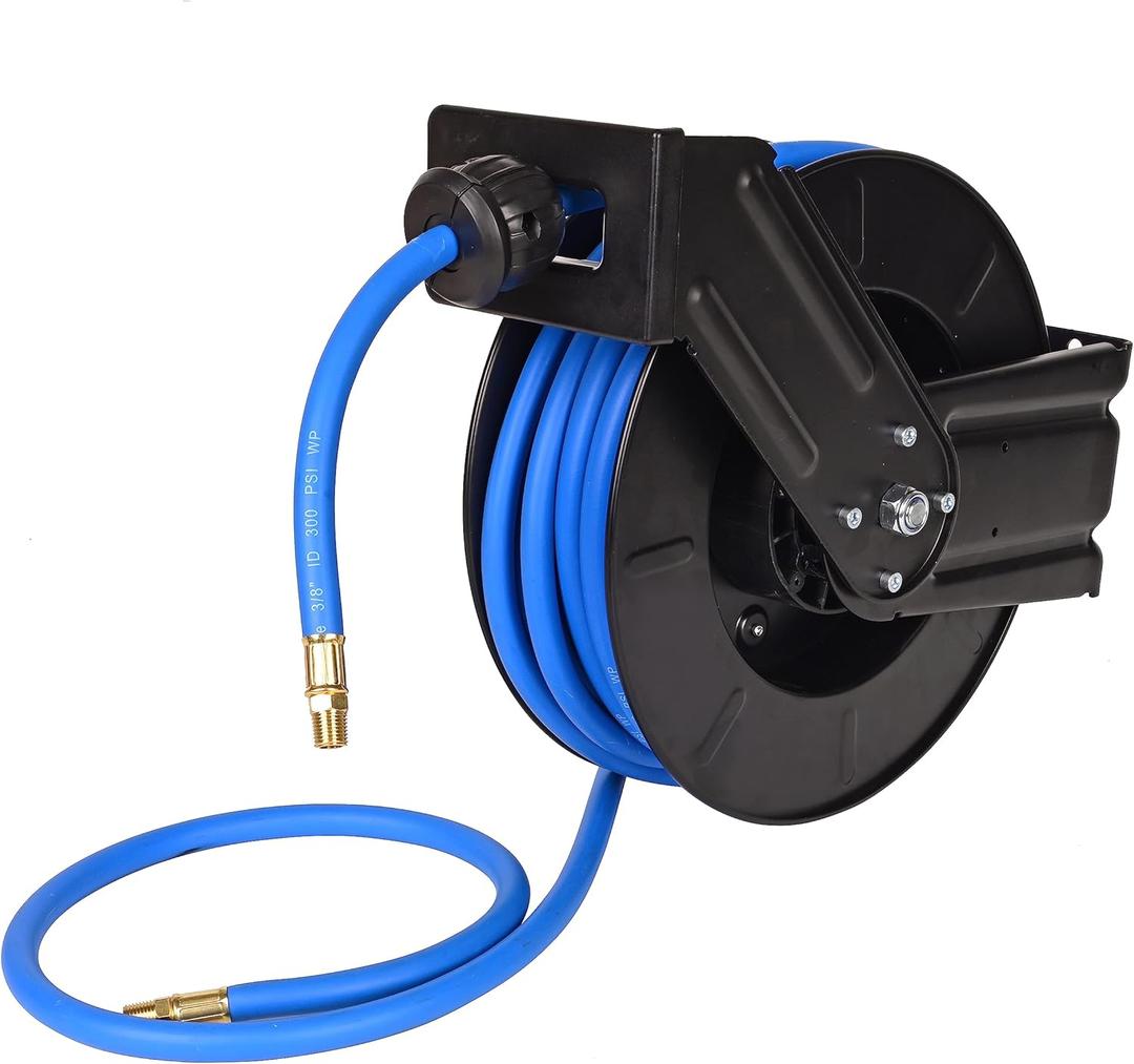 Aain AE39 Heavy Duty Air Hose Reel With 50FT Auto Rewind Preminium Retractable air hose,Steel Construction Industrial Air Hose Reel Wall Mount 3/8" Flexiable Hybrid Hose