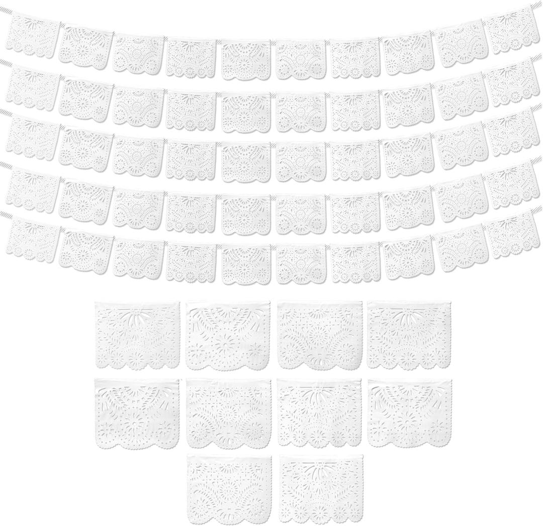 White Papel Picado Banner (5 Pack - 10 Plastic Flags per Banner) - White Mexican Banners for Parties and Weddings - Mexican Themed Party Decorations - Papel Picado Mexicano para Decoraciones