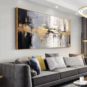 Abstract Wall Art Black and White Modern Artwork Golden Yellow Line Art Canvas Painting Wall Decor for Living Room Bedroom Dining Room Home Office Decor 20"x40" with Framed