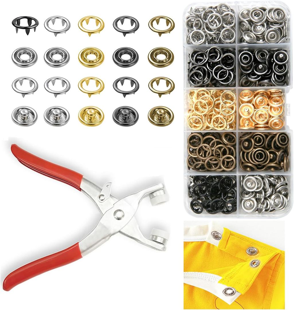 GTAAOY 100 Sets 9.5mm Metal Snaps Buttons Perfect for Clothes Hats and Sewing, 5 Colors Hollow Prong Snaps with Fastener Pliers Press Tool Kit