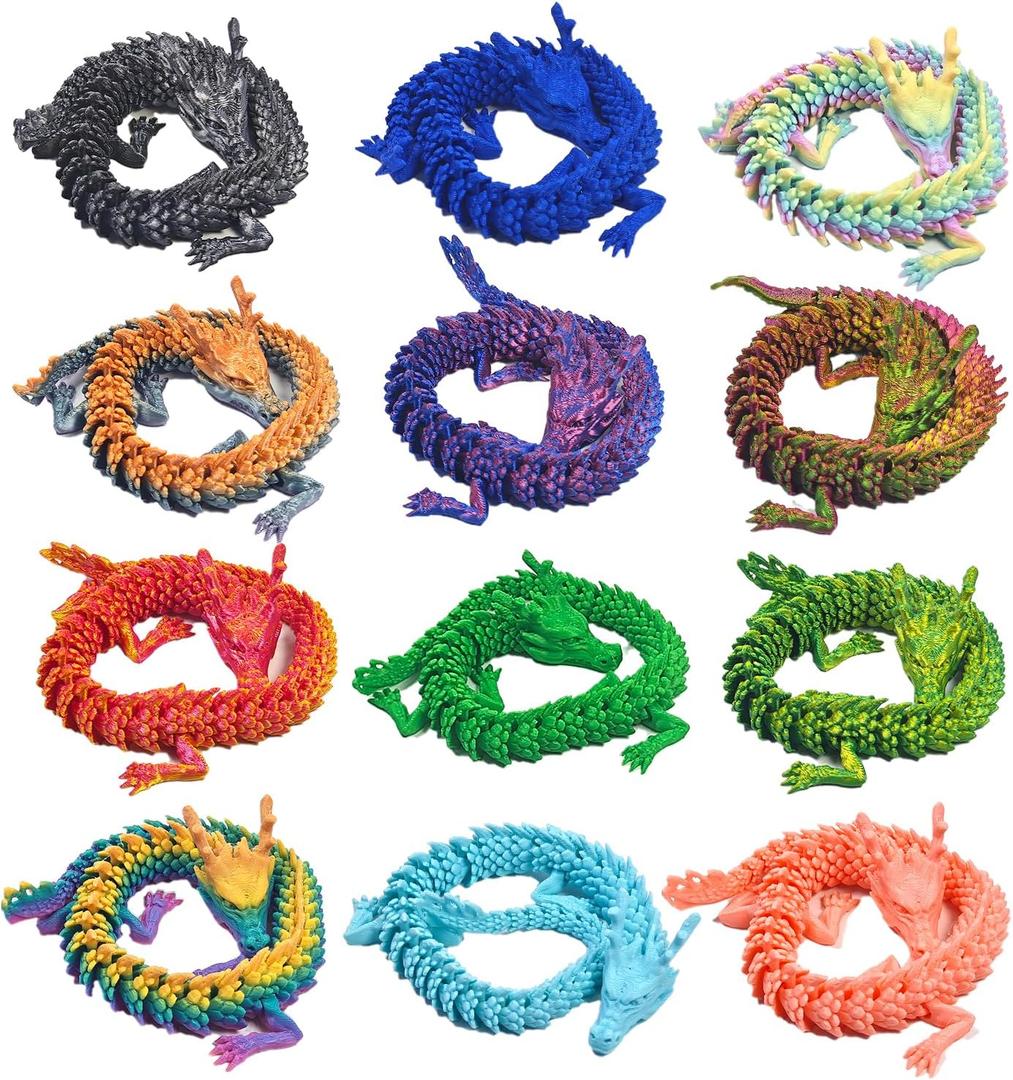 12PCS 3D Printed Dragon Figurine Collection, 11.8 inch Dragon Statues, Random Colors