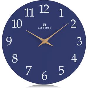Lafocuse 12 Inch Silent Navy Blue Wall Clock Battery Operated, Wooden, Simple, Minimalist, Kitchen, Living Room, Bedroom, Office, Home Dcor