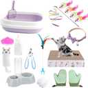 Kitten Starter Kit - 16 Pcs Cat Essentials Set Includes Litter Box, Toys, Collars, Scratch Pad, Nail File, Automatic Feed Bowls, Grooming Gloves (Purple, 16 Pcs)
