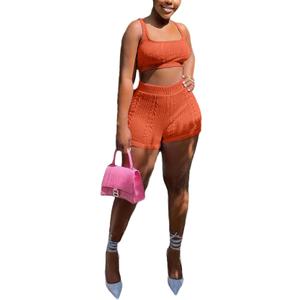 2 Piece Sets for Women Summer Knitted Shorts Set Sleeveless Crop Top and Shorts Crochet Vacation Outfits XL