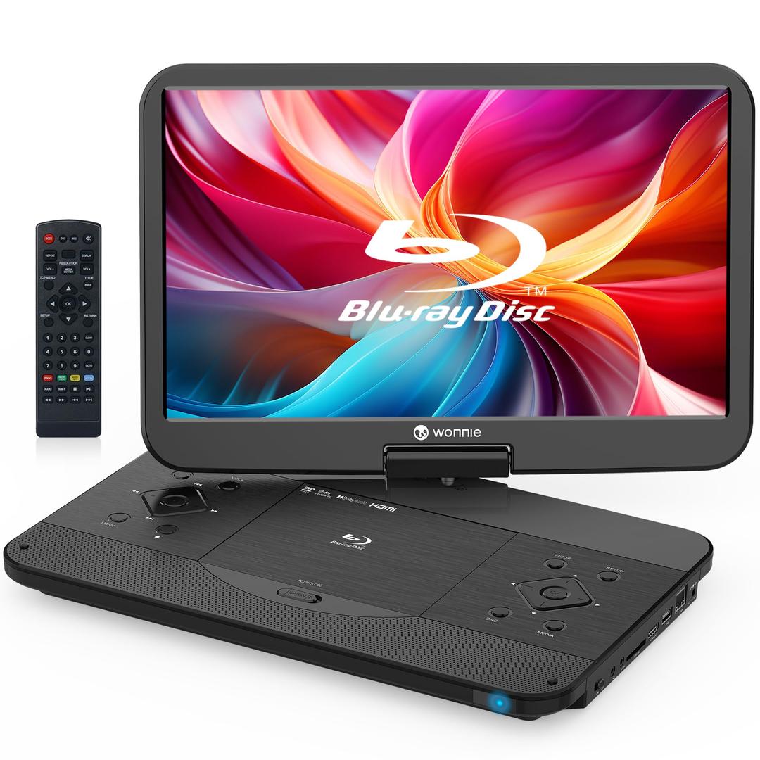 WONNIE 17.6" Portable Blu Ray Player with 15.4" 1080P Full HD Large Swivel Screen, Blu-ray DVD Player with HDMI Out & AV in, Built-in Rechargeable Battery, Support MP4, MOV Video & USB/SD Card