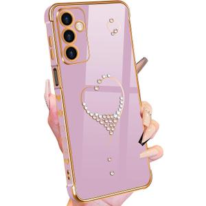 Petitian for Samsung Galaxy A14 5G Case, Cute Women Girls Bling Glitter Heart Designed Cases for Galaxy A14 5G, Girly Gold Plating Cover for Samsung A14 5G Purple