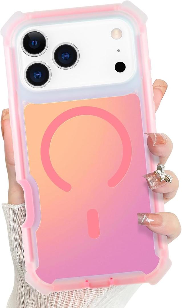 Bonoma for iPhone 17 Pro Max Case 2025, Iridescent Back, Magnetic Support for MagSafe Shockproof Cover, Crystal and Corner High-Duty Protection for Girls Women -Pink