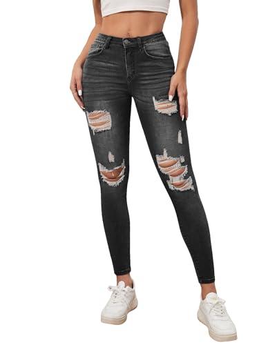 SweatyRocks Women's Casual High Rise Ripped Jeans Zipper Fly Skinny Denim Pants Dark Grey, Medium
