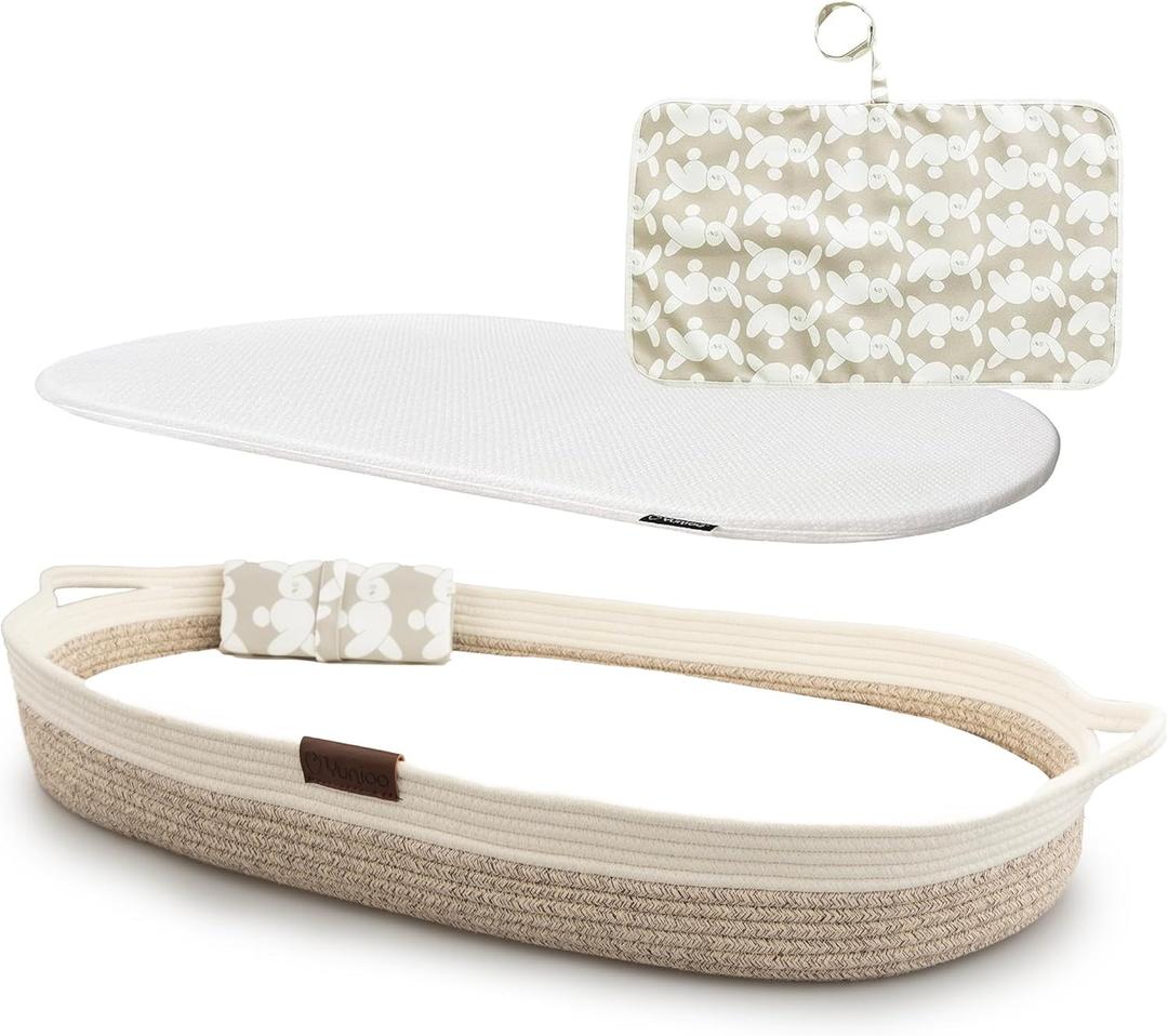 Baby Changing Basket, Portable Diaper Changing Pad, Moses Basket for Newborns, Changing Table Topper for Baby Nursery, Waterproof Travel Pad Cover (White Beige)