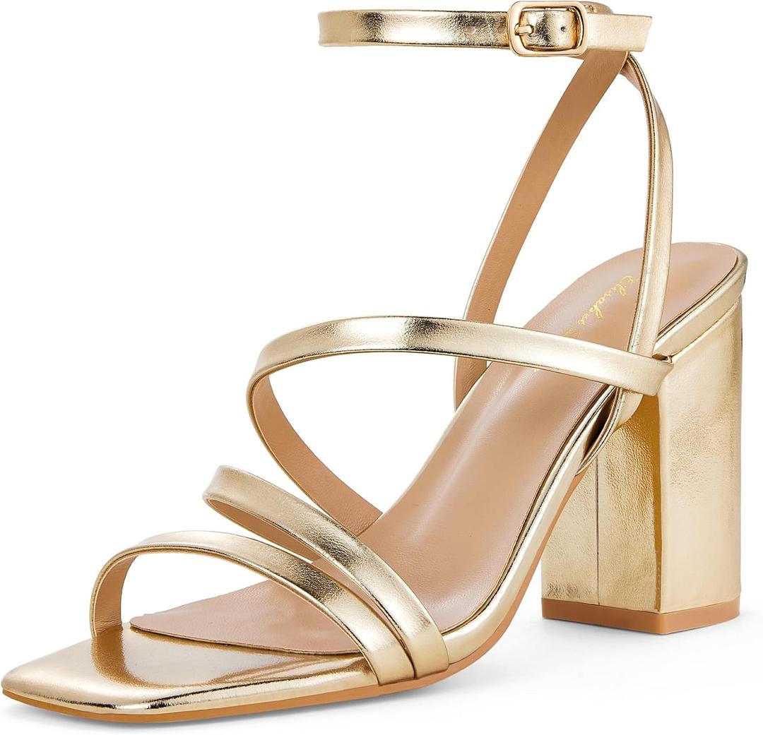 Elisabet Tang Women's Strappy Chunky Heels Sandals, Ankle Strap 3 inch Mid Block Heels Lace up Square Open Toe Thick Heeled Sandals Shoes (8.5, Gold)