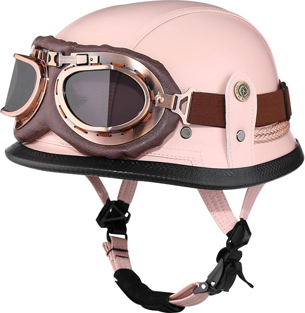 Motorcycle Half Helmet Retro German Handmade Leather Half Face Quick Release Buckle & Goggles - DOT Approved (Pink, L)