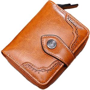 BILIKEYU Fashion Retro Oil Waxed Leather Faux Leather Ladies Short Wallet Zipper Purse Wallet Purse Easy Wallets For Women Black (Brown, One Size)