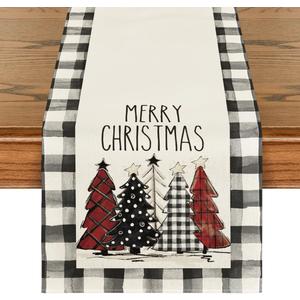 Artoid Mode Waterclor Buffalo Plaid Christmas Trees Merry Xmas Table Runner, Seasonal Winter Holiday Kitchen Dining Table Decoration for Indoor Outdoor Home Party Decor 13 x 90 Inch (Multi Color)
