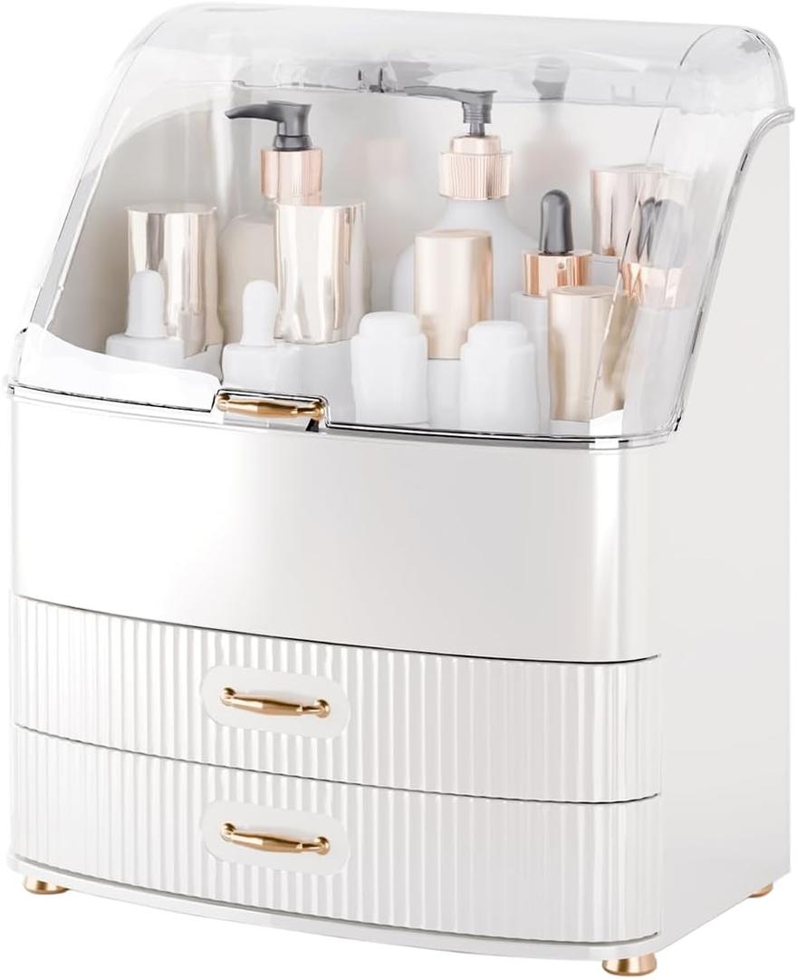 Makeup Organizer Countertop Vanity with Transparent Lid Drawers Waterproof Dustproof Cosmetic Skincare Bathroom Storage Gift for Women Teens Girls (Whtie) (Large)