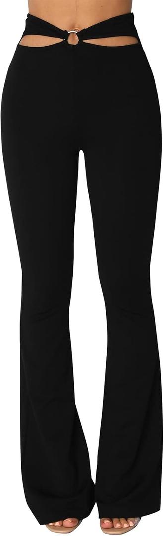 ZAFUL Women's Cut Out High Elastic Waist Long Pants Flare Leg Solid Wide Leg Trousers