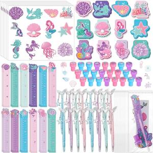 Pajean 144 Pcs Mermaid Party Favors for Goodie Gift Bags Mermaid Theme Birthday Decorations Include Mini Notebooks Stickers Pens Stamps Goodie Bag Boys Girls Kids Ocean Party Classroom Prize Supplies