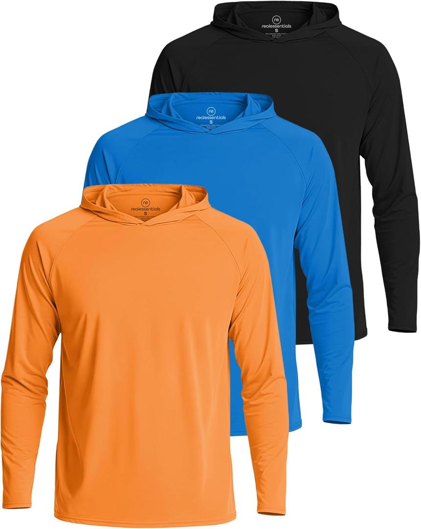 Real Essentials 3 Pack: Men's Long Sleeve Rash Guard Hoodie - SPF UV Sun Protection Workout Fishing Swim Shirts (Big & Tall) (X-Large)