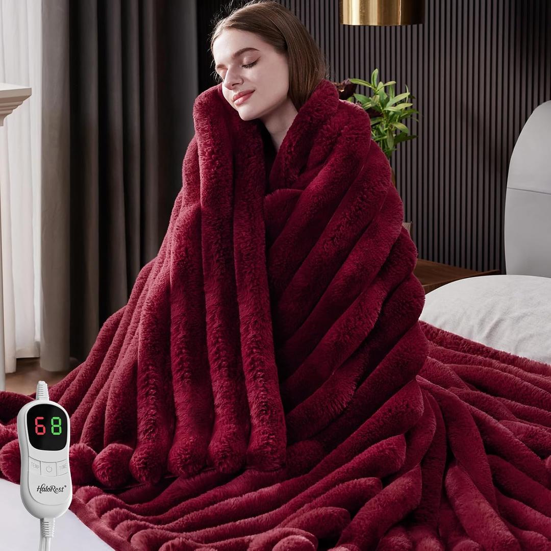 Heated Throw Blanket, Faux Fur Cozy Heating Blanket with Overheat Protection, 1/2/4/6/8 Hours Auto-Off 10 Heat Level, Machine Washable (72x84 I Inches, Red)