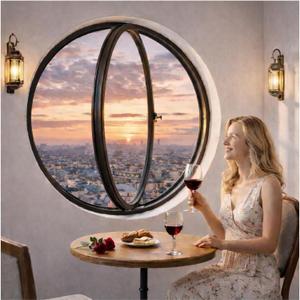 360 Rotating Round Window Black Aluminum Alloy Frame with Clear Tempered Glass, Waterproof Ventilation Porthole for Bathroom, Bedroom, Living Room (15.7 inch)