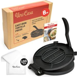 Uno Casa Cast Iron Tortilla Press 8 Inch - Tortilla Maker Press, Pre-Seasoned Roti Maker with 100 Pcs Parchment Paper - Heavy Duty Quesadilla Maker for Homemade Flatbreads, Rotis, Empanadas
