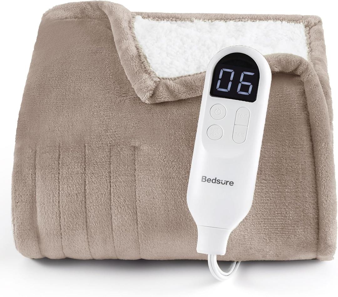 Bedsure Heated Blanket Throw Blanket with Preheat Function - Fast Heating Electric Blanket, Soft Flannel Throw with 6 Time Settings(Up to 10H), 6 Heating Settings, Gifts for Grandma (50"x60", Taupe) (Tapue)