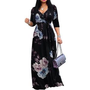 Yajedo Womens Casual Summer Maxi Dress Plus Size Sexy Wrap V Neck 3/4 Sleeve Sundress with Pockets (Black, XL)