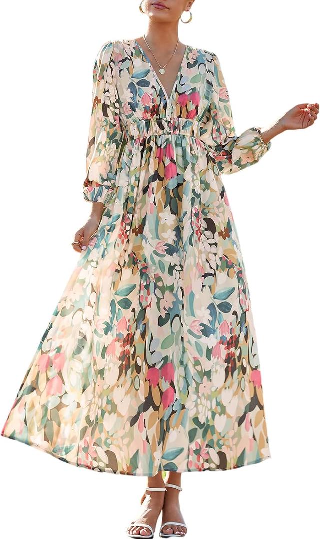 Maxigerui Women's Long Sleeve Floral Maxi Dress 2026 Spring Summer Wedding Guest Dress, Green Floral, S