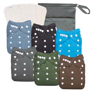 babygoal Baby Boy Cloth Diapers 6 Pack with 6pcs Inserts and Wet Bag, Reusable Waterproof Diaper Covers for Toddlers with Snap Closure (Pure Boy Color 01)