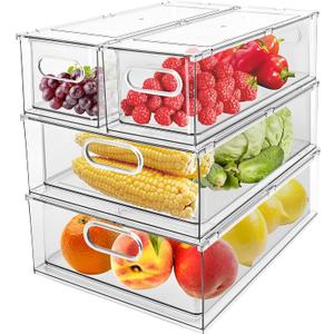 Greenby 4 Pack Refrigerator Organizer Bins with Pull-out Drawer Stackable Clear Fridge Drawer Organizer Fruit Vegetable Storage Containers for Kitchen Pantry Organization (2 Large+2 Small)