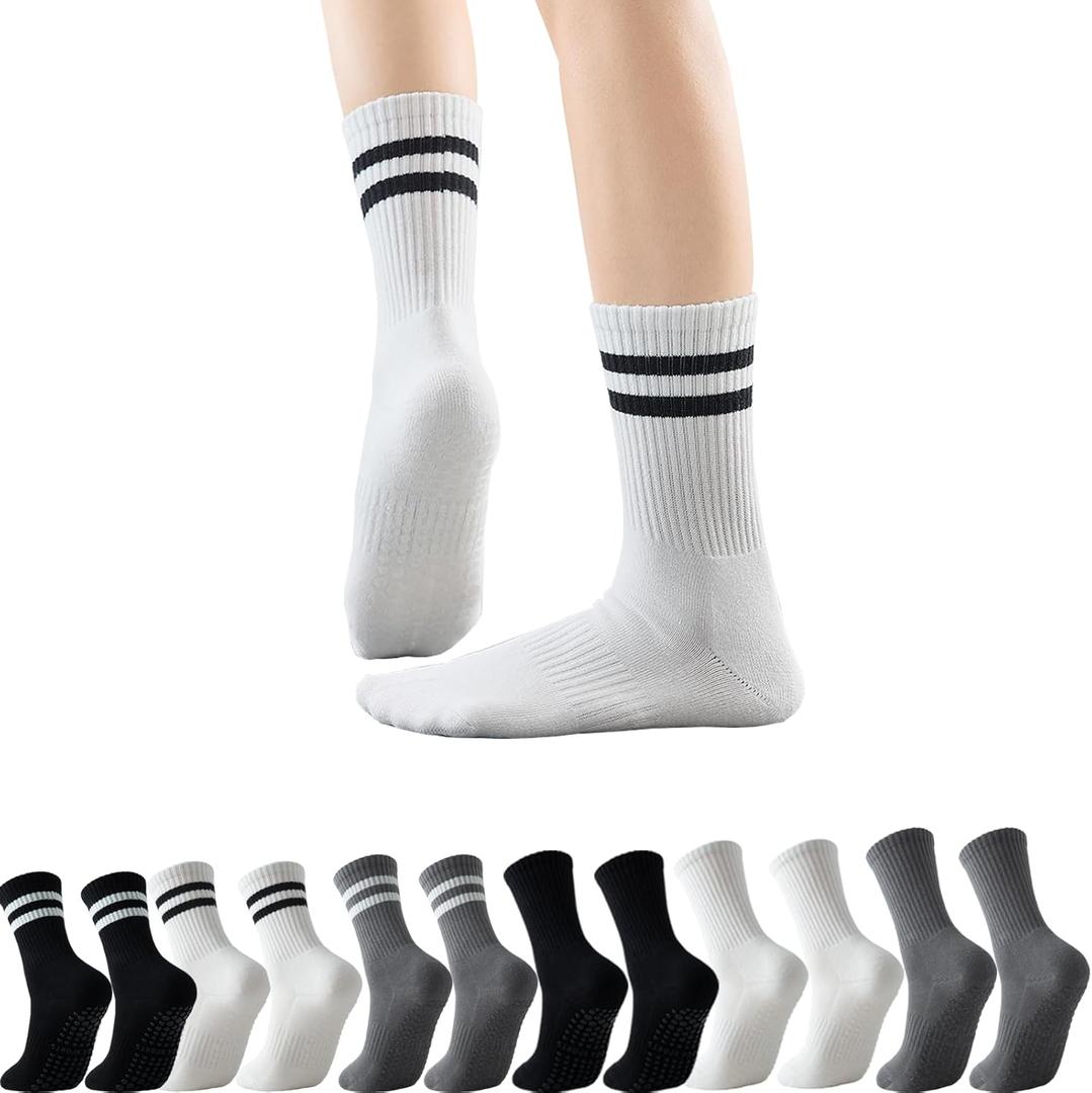 GLENMEARL Pilates Socks with Grips for Women, 3/6 Pairs Yoga Non Slip Long Socks, Grip Sock for Pilates, Dance Workout (9-11, 6 Pack Mix (Black,white,grey))